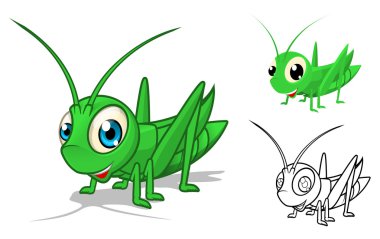 Detailed Grasshopper Cartoon Character with Flat Design and Line Art Black and White Version clipart