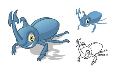 Detaylı gergedan böceği çizgi film karakteri ile düz çizmek ve hat sanat siyah ve beyaz versiyonu