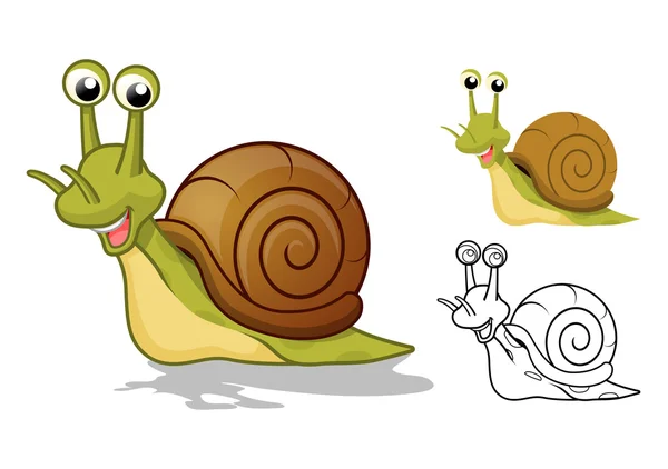 Personaje de dibujos animados de caracol detallado con diseño plano y línea de arte Versión en blanco y negro — Archivo Imágenes Vectoriales