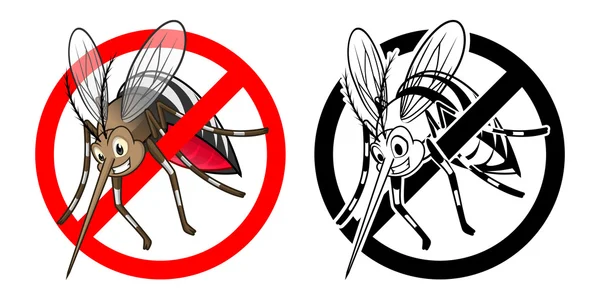 Prohibition Sign Mosquito Cartoon Character with Black and White Version — Stock Vector