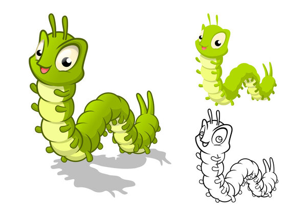 Caterpillar Cartoon Character with Flat Design and Line Art Black and White Version
