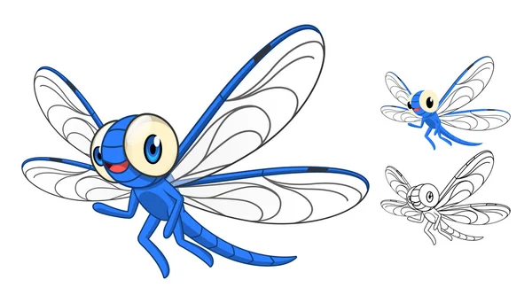Carattere dettagliato del fumetto della libellula con il disegno piano e la versione bianca e nera della linea di arte — Vettoriale Stock