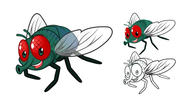 Personaje de dibujos animados de mosca detallada con diseño plano y línea de arte Versión en blanco y negro — Vector de stock