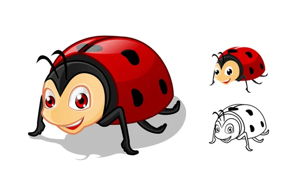 Detailed Ladybug Cartoon Character with Flat Design and Line Art Black and White Version — Stock Vector