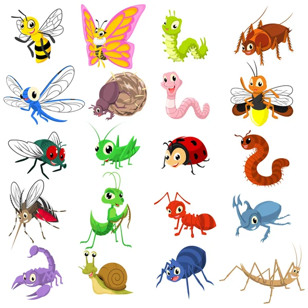Zbiór owadów Cartoon charakter ilustracji wektorowych Płaska konstrukcja — Wektor stockowy