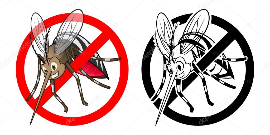 Prohibition Sign Mosquito Cartoon Character with Black and White Version