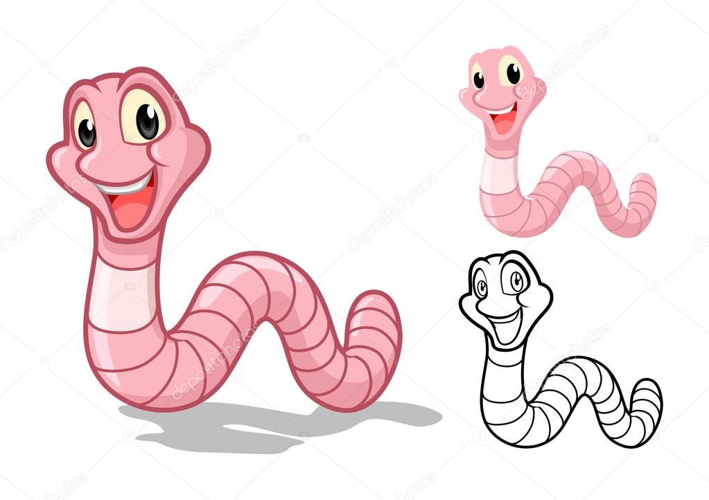 Detailed Earthworm Cartoon Character with Flat Design and Line Art Black and White Version