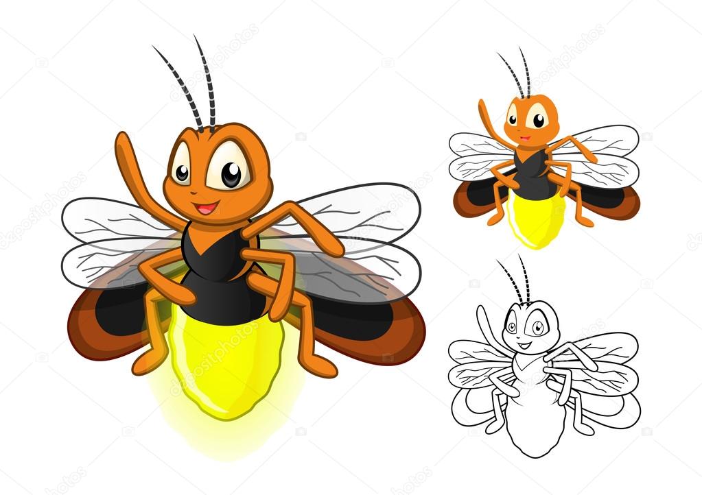 Detailed Firefly Cartoon Character with Flat Design and Line Art Black and White Version