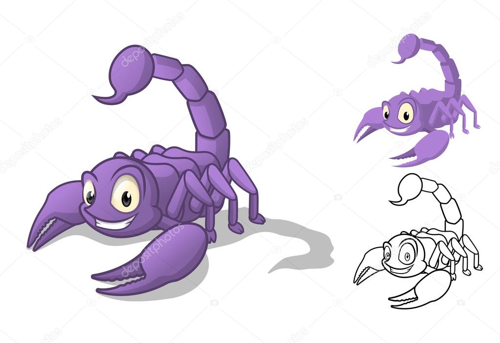 Detailed Scorpion Cartoon Character with Flat Design and Line Art Black and White Version