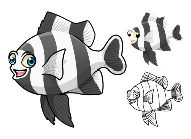 High Quality Four Stripe Damselfish Cartoon Character Include Flat Design and Line Art Version