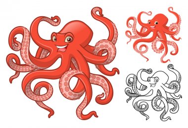 High Quality Octopus Cartoon Character Include Flat Design and Line Art Version