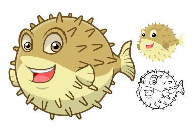 High Quality Puffer Fish Cartoon Character Include Flat Design and Line Art Version clipart