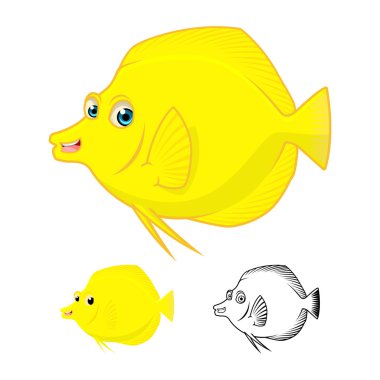 High Quality Yellow Tang Fish Cartoon Character Include Flat Design and Line Art Version