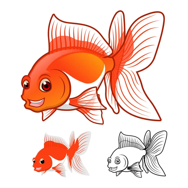 High Quality Fantail Goldfish Cartoon Character Include Flat Design and Line Art Version — Stock Vector