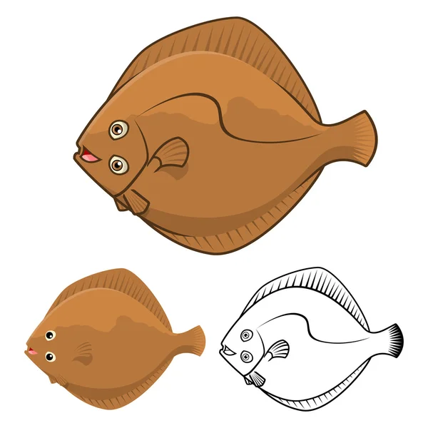Karakter Kartun Flatfish Kualitas Tinggi Termasuk Desain Datar dan Versi Seni Baris - Stok Vektor