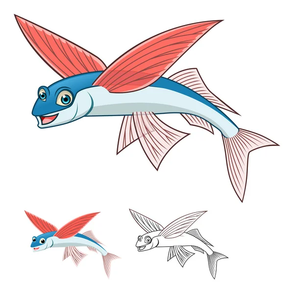 Karakter Kartun Flyingfish Berkualitas Tinggi Termasuk Desain Flat dan Versi Seni Garis - Stok Vektor