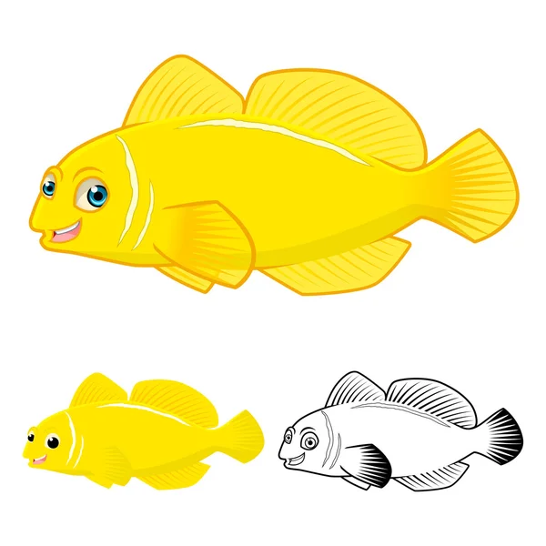 Karakter Kartun Ikan Lemon Goby berkualitas tinggi meliputi Flat Design dan Line Art Version - Stok Vektor