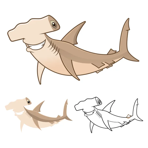 Caractère de bande dessinée de requin-marteau de haute qualité Inclure le design plat et la version Line Art — Image vectorielle