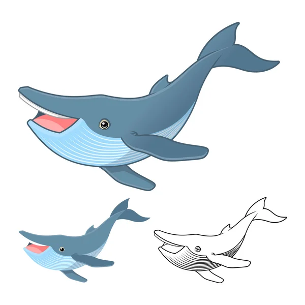 High Quality Humpback Whale Cartoon Character Include Flat Design and Line Art Version — Stock Vector