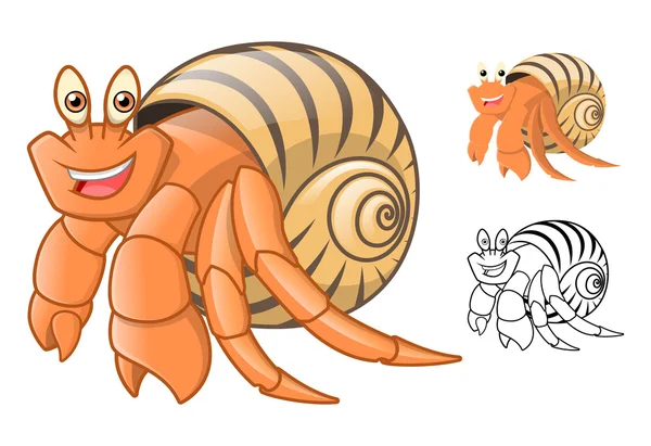 Personagem de desenhos animados de caranguejo eremita de alta qualidade incluem design plano e versão de arte de linha — Vetor de Stock
