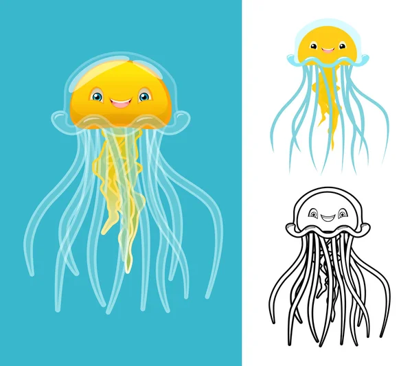Carattere del fumetto delle meduse di alta qualità include design piatto e versione Line Art — Vettoriale Stock