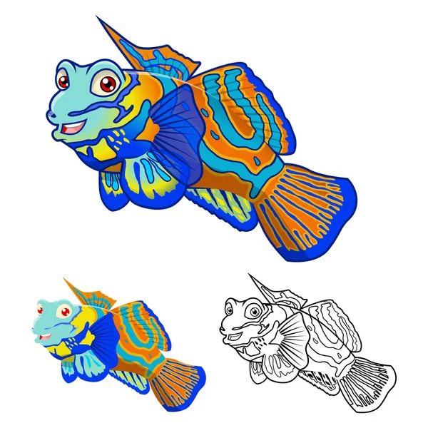 Hochwertige mandarinfische Comicfigur umfasst flaches Design und Linienkunst-Version — Stockvektor