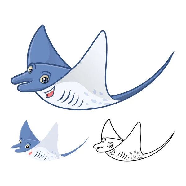 High Quality Manta Ray Cartoon Character Include Flat Design and Line Art Version — ストックベクタ