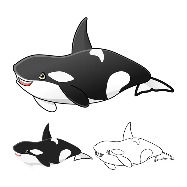 Il personaggio dei cartoni animati Orca di balena assassina di alta qualità include la progettazione piatta e la versione Line Art — Vettoriale Stock