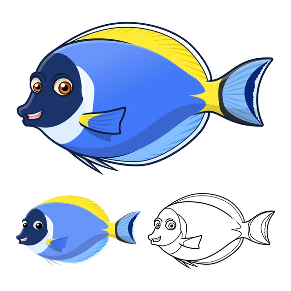 Hochwertige puderblaue Chirurgenfisch Cartoon-Charakter gehören flaches Design und Line Art-Version — Stockvektor