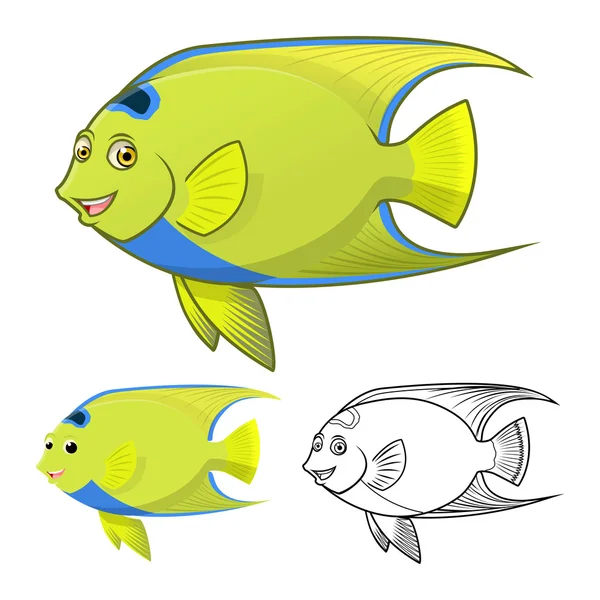 High Quality Queen Angel Fish Cartoon Character Include Flat Design and Line Art Version — Stok Vektör