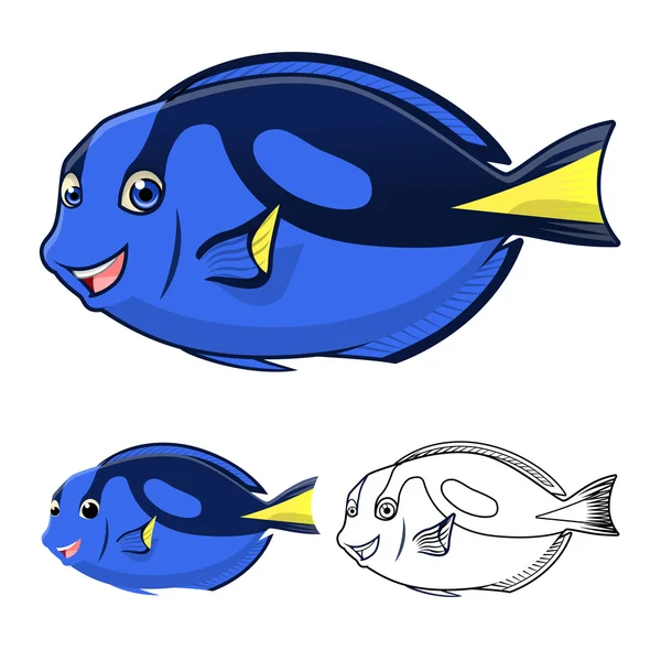 High Quality Regal Blue Tang Cartoon Character Include Flat Design and Line Art Version — Stock Vector