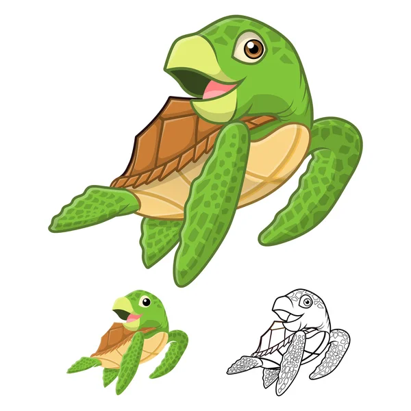 Carácter de dibujos animados de tortuga marina de alta calidad incluyen diseño plano y versión de arte de línea — Archivo Imágenes Vectoriales