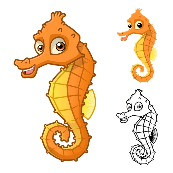 Caractère de bande dessinée de haute qualité Sea Horse Inclure la conception plate et la version Line Art — Image vectorielle