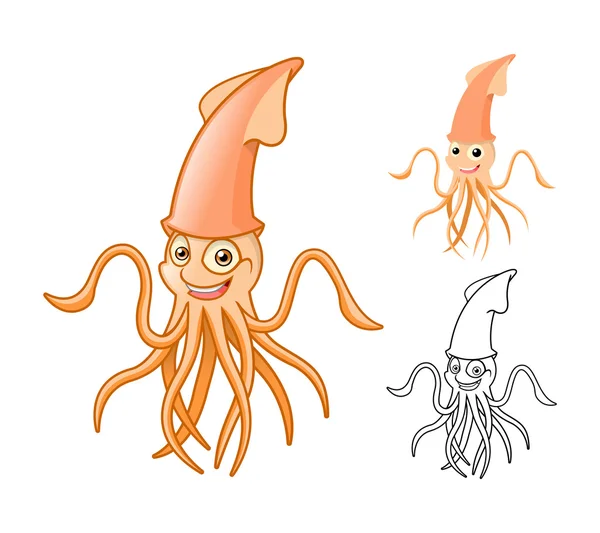 Il personaggio dei cartoni animati di calamari di alta qualità include la progettazione piatta e la versione Line Art — Vettoriale Stock