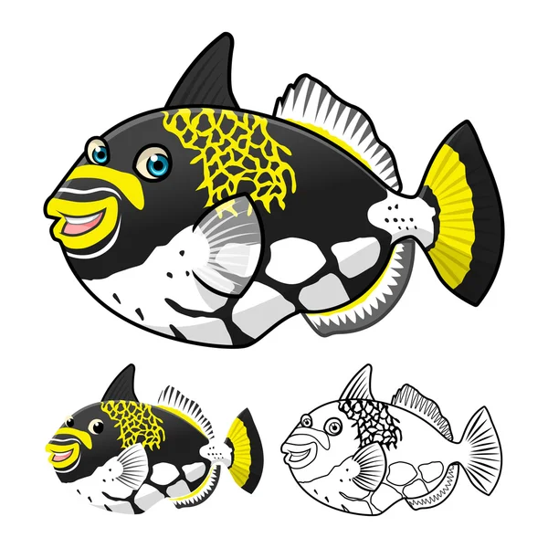Karakter Kartun Quality Triggerfish Tinggi Termasuk Desain Datar dan Versi Seni Garis - Stok Vektor