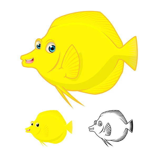 High Quality Yellow Tang Fish Cartoon Character Include Flat Design and Line Art Version — Stockový vektor