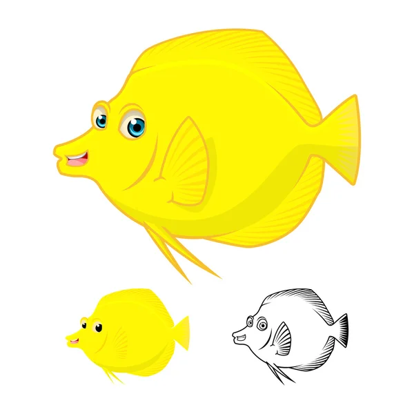 Personagem de desenhos animados de peixe amarelo de alta qualidade incluem design plano e versão de arte de linha — Vetor de Stock