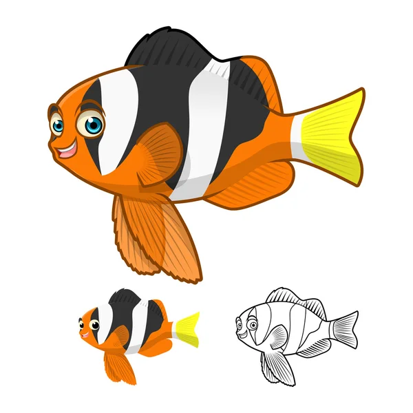 Personagem de desenhos animados de peixe-palhaço de cauda amarela de alta qualidade inclui design plano e versão de arte de linha — Vetor de Stock