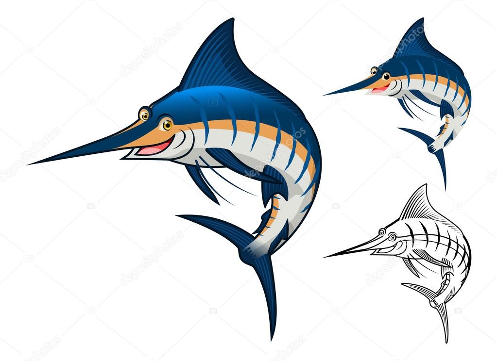 Detailed Blue Marlin Cartoon Character Include Flat Design and Line Art Version