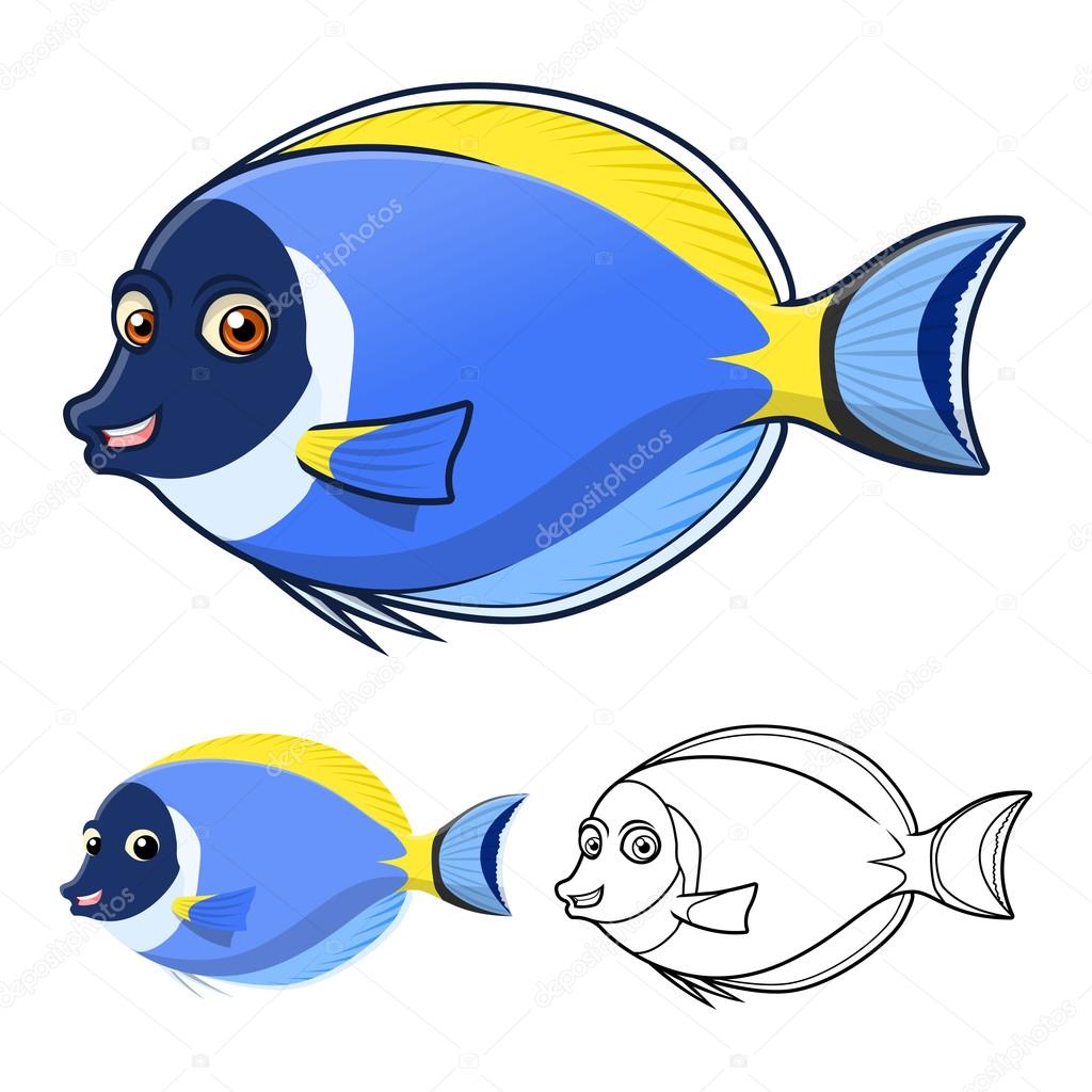 High Quality Powderblue Surgeonfish Cartoon Character Include Flat Design and Line Art Version