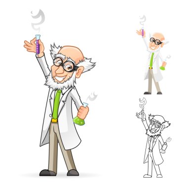 Scientist Cartoon Character Holding a Beaker and Test Tube with One Hand Raised and Feeling Great clipart