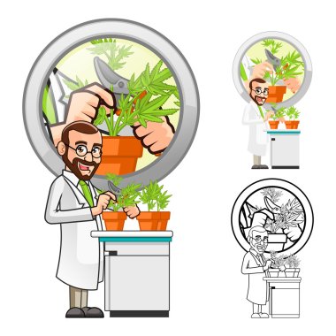 Plant Scientist Cartoon Character Cutting a Leaf from a Plant clipart