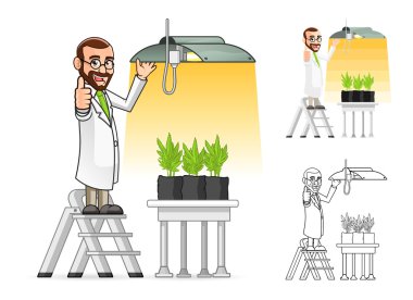 Grow ışık asılı bitki bilim adamı çizgi film karakteri