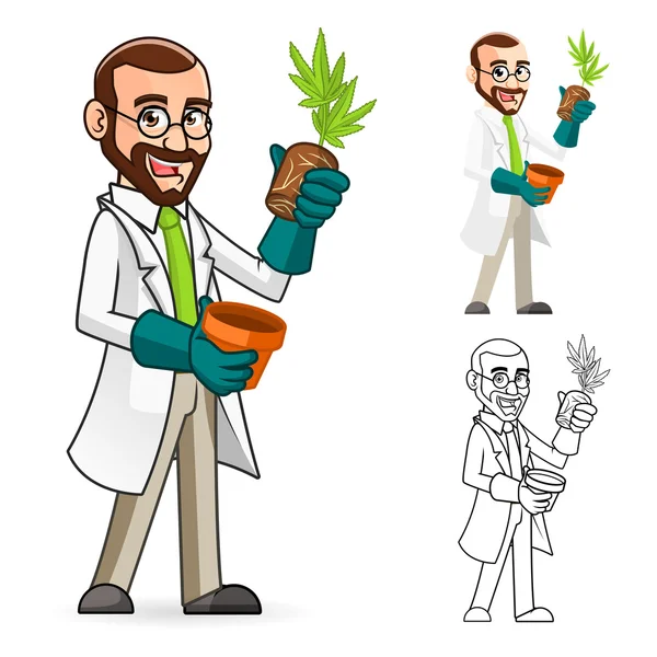 Zeichentrickfigur des Pflanzenwissenschaftlers inspiziert die Wurzeln einer Pflanze — Stockvektor