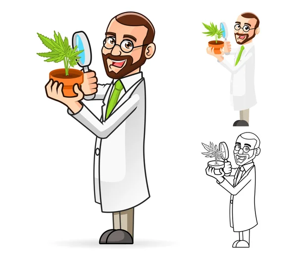 Plant Scientist Cartoon Character Guardare una pianta attraverso una lente d'ingrandimento — Vettoriale Stock