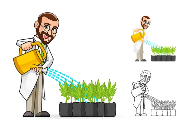 Scientist Cartoon Character Watering The Plants — Stock Vector