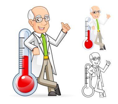 Scientist Cartoon Character Leaning Against a Temperature clipart