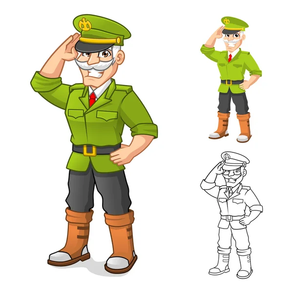 Personagem de desenhos animados do Exército Geral com dose de mão de saudação — Vetor de Stock