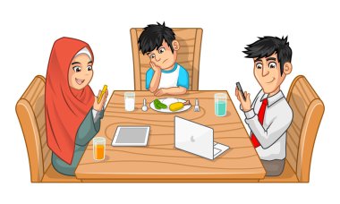 Family Eating Together Parents are Busy with Their Gadgets and Sullen Boy clipart