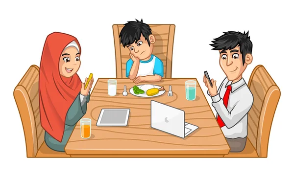Family Eating Together Parents are Busy with Their Gadgets and Sullen Boy — Stock Vector